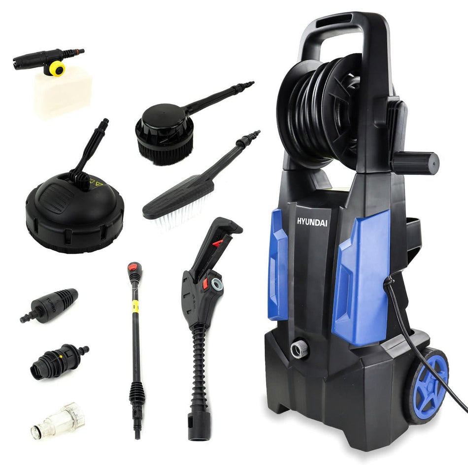 Hyundai 2100psi 145bar Electric Pressure Washer 1900W 6.5L/Min Flow 6m Hose & Attachments | HYW1900E - Risborough Garden Machinery