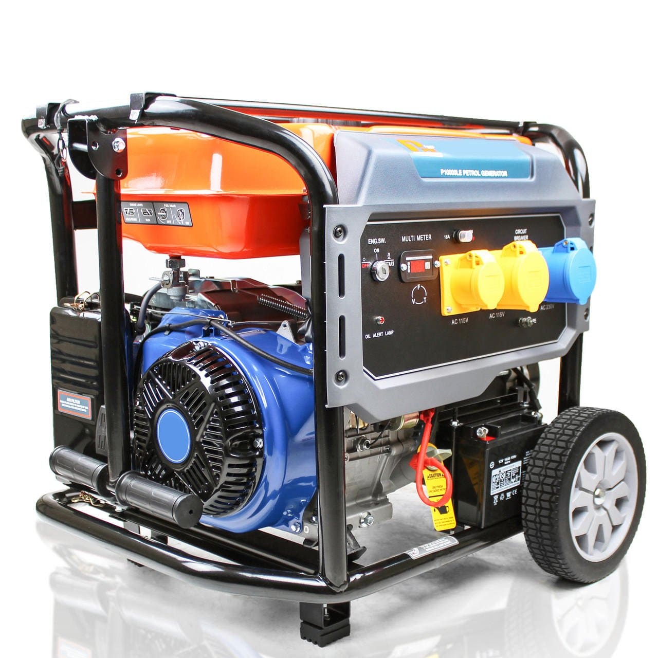 P1 7.9kW / 9.8kVa* Petrol Open Frame Site Generator, Hyundai Engine, Electric Start & Wheel Kit | P10000LE - Risborough Garden Machinery